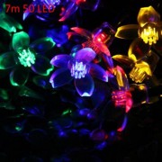CHRISTMAS TREE DECORS 7M 50 LED SOLAR STRING LIGHT PEACH BLOSSOM SHAPE LAMP XMAS TREE ORNA