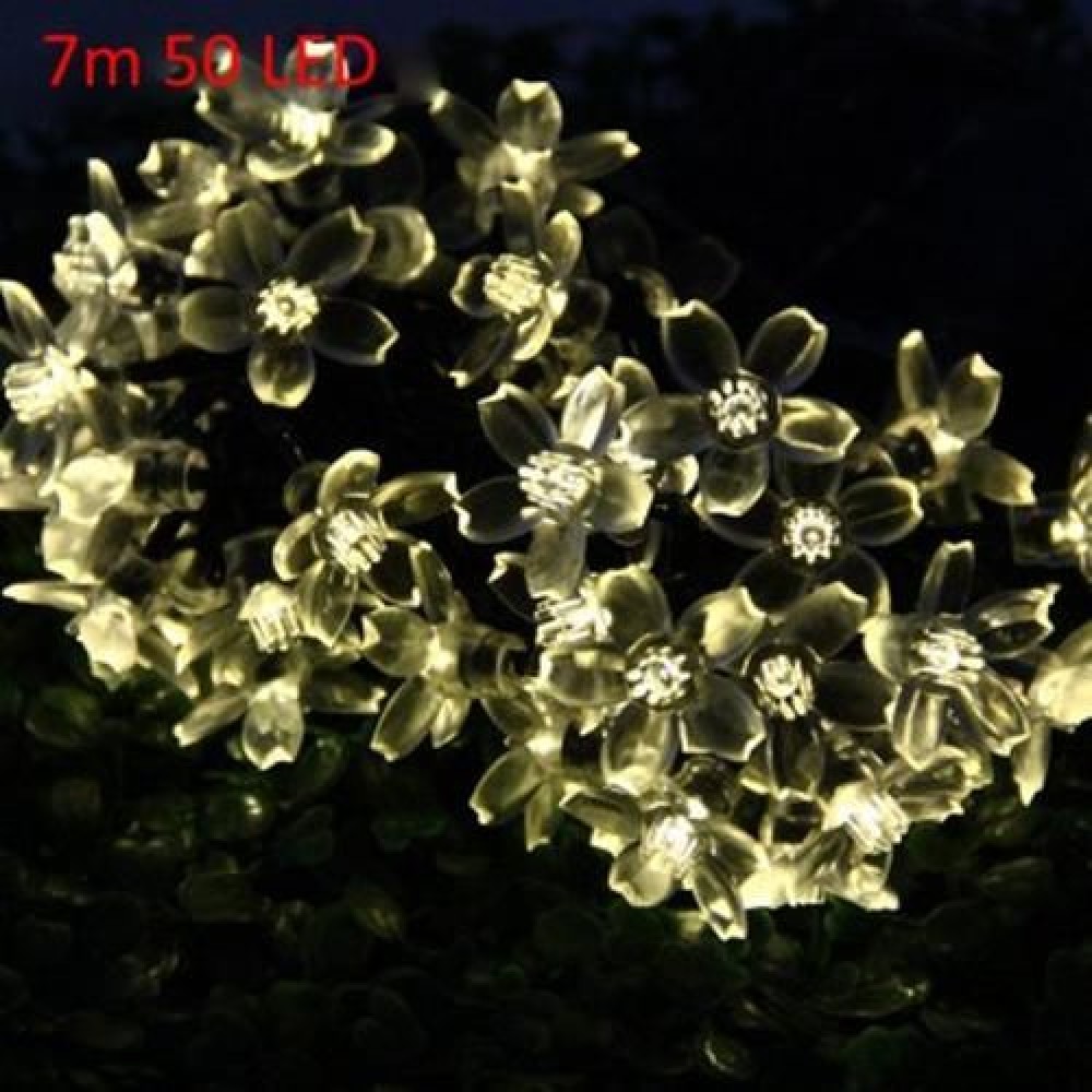 CHRISTMAS TREE DECORS 7M 50 LED SOLAR STRING LIGHT PEACH BLOSSOM SHAPE LAMP XMAS TREE ORNA