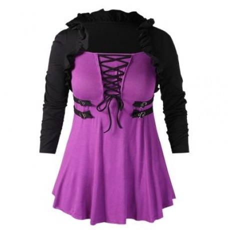 Plus Size Two Tone Lace Up Ruffle T-shirt (HELIOTROPE PURPLE)