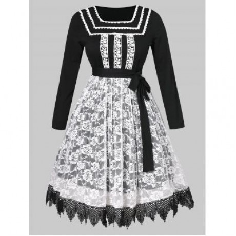 Plus Size Floral Lace Belted Dress (BLACK)