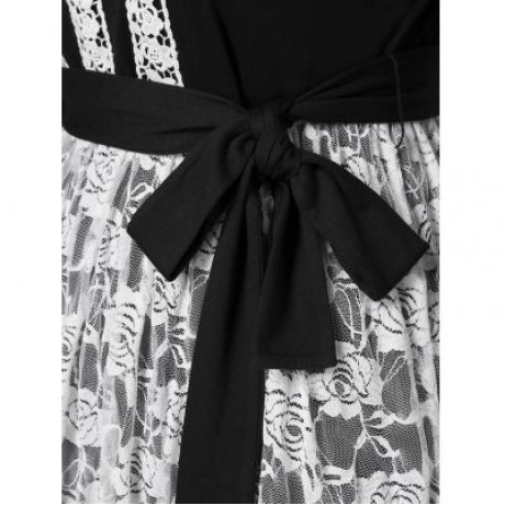 Plus Size Floral Lace Belted Dress (BLACK)