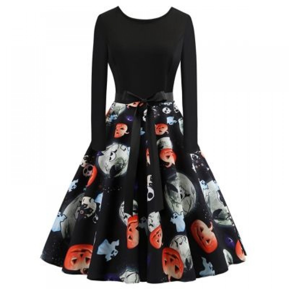 Plus Size Ghost Print Halloween Dress (BLACK)