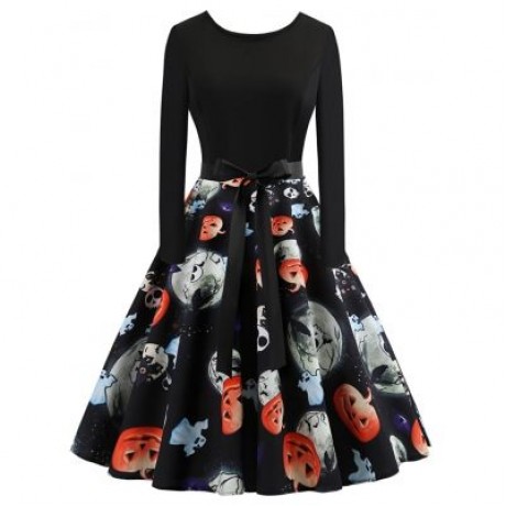 Plus Size Ghost Print Halloween Dress (BLACK)