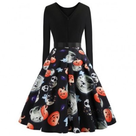 Plus Size Ghost Print Halloween Dress (BLACK)
