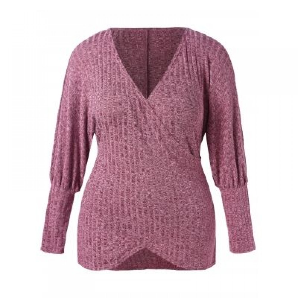 Plus Size Puff Sleeve Plunge Sweater (TULIP PINK)