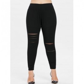 Plus Size Ripped Elastic Waist Leggings (BLACK)