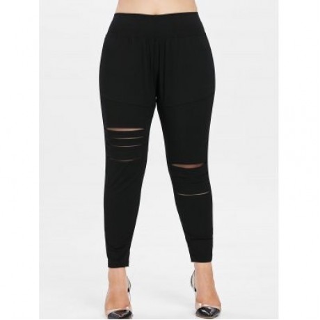 Plus Size Ripped Elastic Waist Leggings (BLACK)