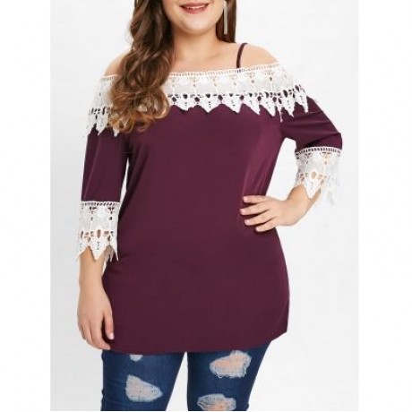 Plus Size Lace Panel Spaghetti Strap T-shirt  (PURPLE)