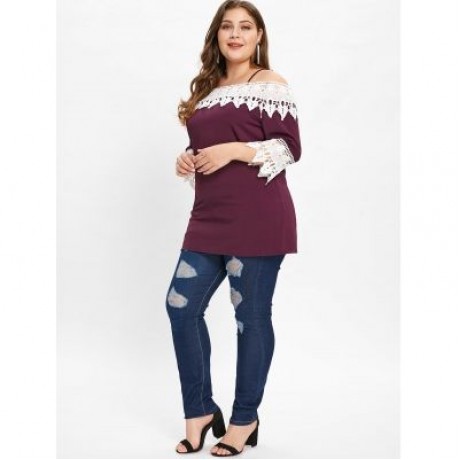 Plus Size Lace Panel Spaghetti Strap T-shirt  (PURPLE)
