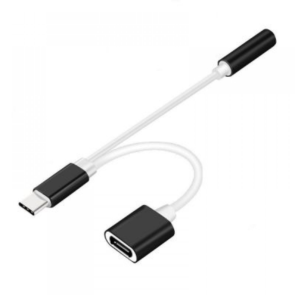 2 in 1 USB C Type C to 3.5mm Headphone Audio Aux Jack / Charge Adapter Cable (BLACK)