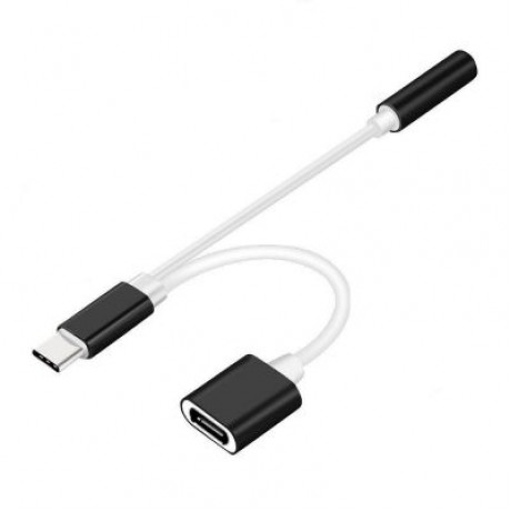 2 in 1 USB C Type C to 3.5mm Headphone Audio Aux Jack / Charge Adapter Cable (BLACK)