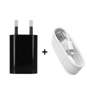 2 in 1 8 Pin Cable with Portable Travel Wall Charger Adapter EU Plug for iPhone (BLACK)