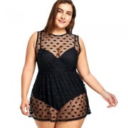 Round Collar Sleeveless Padded Polka Dot Spliced Mesh Plus Size Women Swimsuit (BLACK)