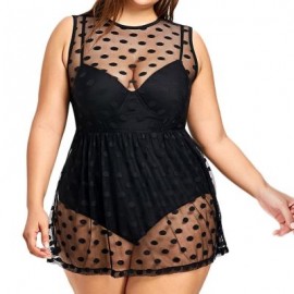 Round Collar Sleeveless Padded Polka Dot Spliced Mesh Plus Size Women Swimsuit (BLACK)
