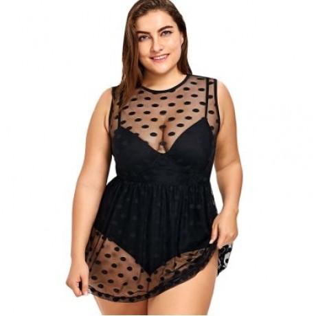 Round Collar Sleeveless Padded Polka Dot Spliced Mesh Plus Size Women Swimsuit (BLACK)