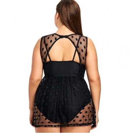 Round Collar Sleeveless Padded Polka Dot Spliced Mesh Plus Size Women Swimsuit (BLACK)