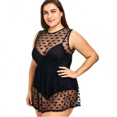 Round Collar Sleeveless Padded Polka Dot Spliced Mesh Plus Size Women Swimsuit (BLACK)