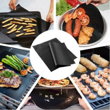 2PCS PTFE BBQ Grill Mat Barbecue Liner Reusable Teflon  Sheet 40 30cm Cooking (BLACK)