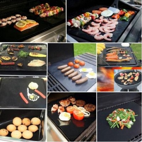 2PCS PTFE BBQ Grill Mat Barbecue Liner Reusable Teflon  Sheet 40 30cm Cooking (BLACK)