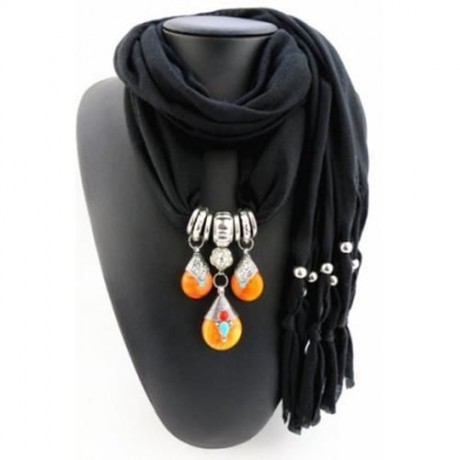 CHIC FAUX GEM PENDANT AND TASSEL EMBELLISHED SOLID COLOR SCARF FOR WOMEN (RANDOM COLOR)