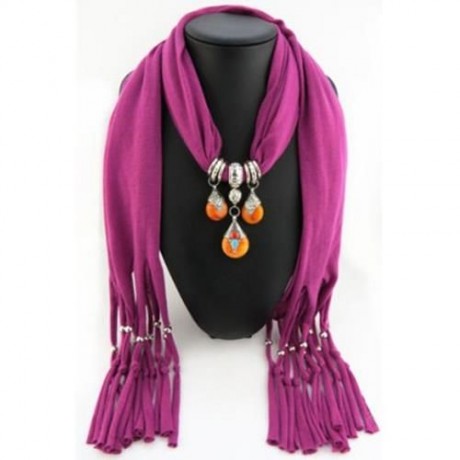 CHIC FAUX GEM PENDANT AND TASSEL EMBELLISHED SOLID COLOR SCARF FOR WOMEN (RANDOM COLOR)