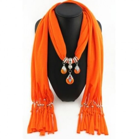CHIC FAUX GEM PENDANT AND TASSEL EMBELLISHED SOLID COLOR SCARF FOR WOMEN (RANDOM COLOR)