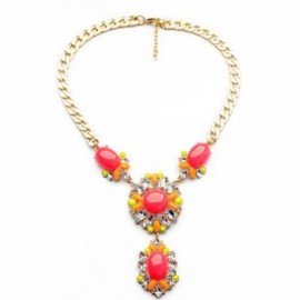 VINTAGE RED WATERDROP SHAPED FAUX GEM DECORATED FLOWER PENDANT NECKLACE FOR WOMEN (RED)