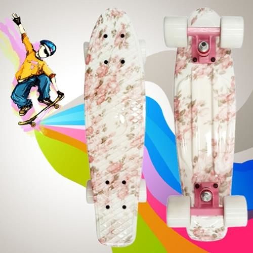 100KG LOAD RETRO SKATEBOARD HIBISCUS PATTERN MINI BOARD FOR OUTDOOR SPORT (PINK AND WHITE) 100KG LOAD RETRO SKATEBOARD HIBISCUS PATTERN MINI BOARD FOR OUTDOOR SPORT (PINK AND WHITE)