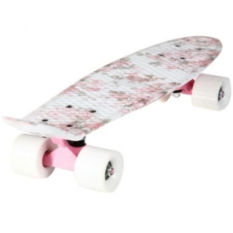 100KG LOAD RETRO SKATEBOARD HIBISCUS PATTERN MINI BOARD FOR OUTDOOR SPORT (PINK AND WHITE)