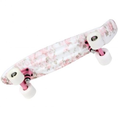 100KG LOAD RETRO SKATEBOARD HIBISCUS PATTERN MINI BOARD FOR OUTDOOR SPORT (PINK AND WHITE)