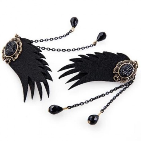 PAIR OF DELICATE FAUX CRYSTAL TASSEL WING WOMEN'S CLIP EARRINGS (BLACK)