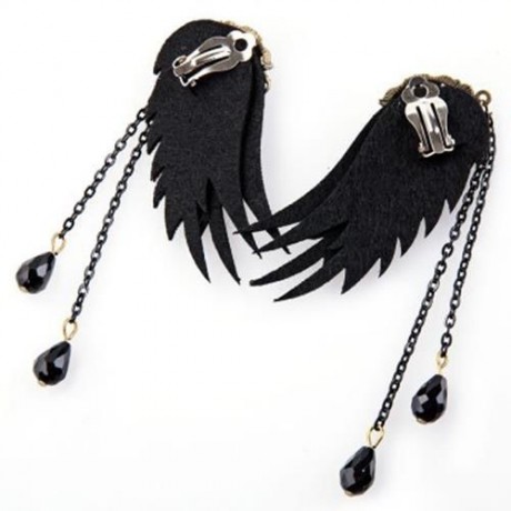 PAIR OF DELICATE FAUX CRYSTAL TASSEL WING WOMEN'S CLIP EARRINGS (BLACK)