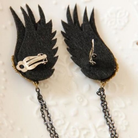 PAIR OF DELICATE FAUX CRYSTAL TASSEL WING WOMEN'S CLIP EARRINGS (BLACK)