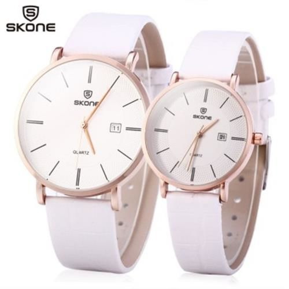 SKONE 9307 RETRO QUARTZ COUPLE WATCH WITH PU LEATHER STRAP (WHITE)