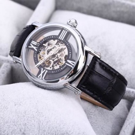 SKONE 80057 WOMEN HOLLOW MECHANICAL WATCH WITH GENUINE LEATHER STRAP (BLACK)