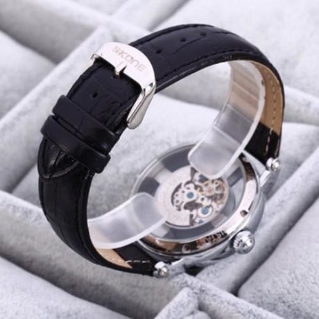 SKONE 80057 WOMEN HOLLOW MECHANICAL WATCH WITH GENUINE LEATHER STRAP (BLACK)