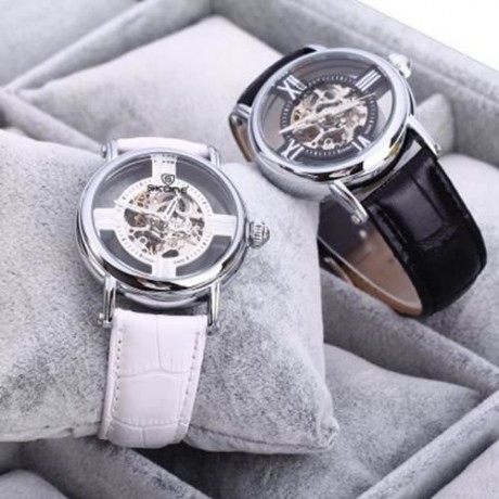 SKONE 80057 WOMEN HOLLOW MECHANICAL WATCH WITH GENUINE LEATHER STRAP (BLACK)