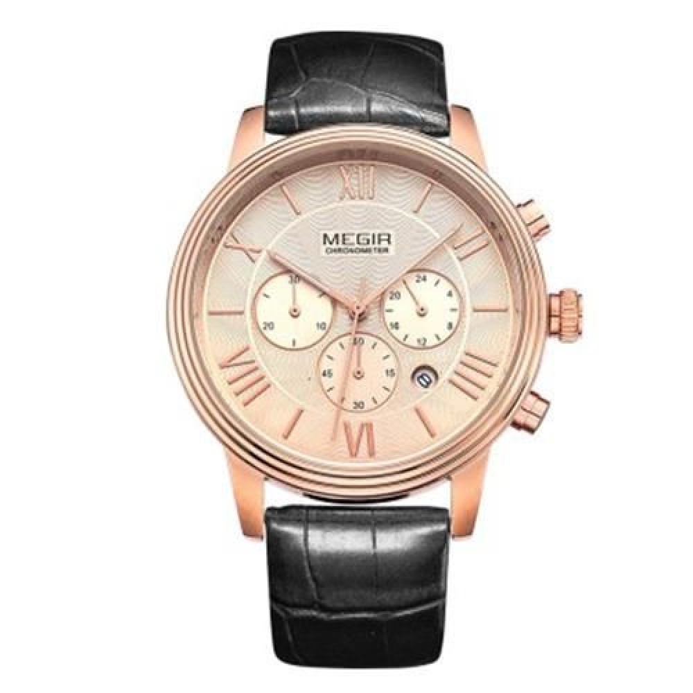 MEGIR 2304 30M WATER RESISTANCE QUARTZ WATCH WITH LEATHER STRAP (BLACK LEATHER GOLD ROSE)