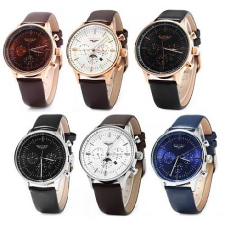 GUANQIN MALE LEATHER CALENDAR LUMINOUS ANALOG QUARTZ WATCH WITH MOVING SUB-DIALS (BLACK SI