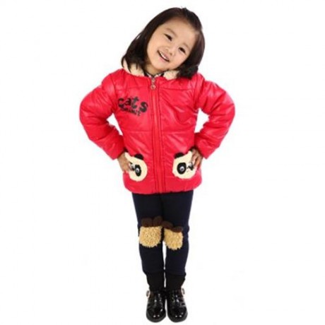 CUTE PANDA HAT LONG SLEEVE ZIPPERED PRINTED PADDED COAT FOR KIDS (RED)