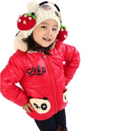 CUTE PANDA HAT LONG SLEEVE ZIPPERED PRINTED PADDED COAT FOR KIDS (RED)
