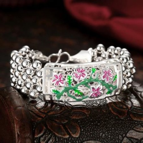 CLASSY WOMEN BRACELET  SILVER PLATED CARVING H393-A (GREEN)