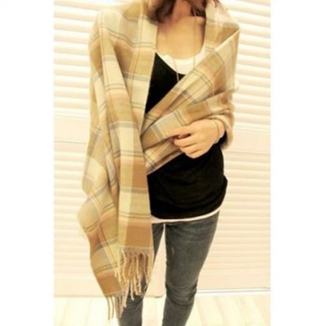 HOT SALE COLOR BLOCK CHECKED TASSELS SCARF FOR WOMEN (KHAKI)