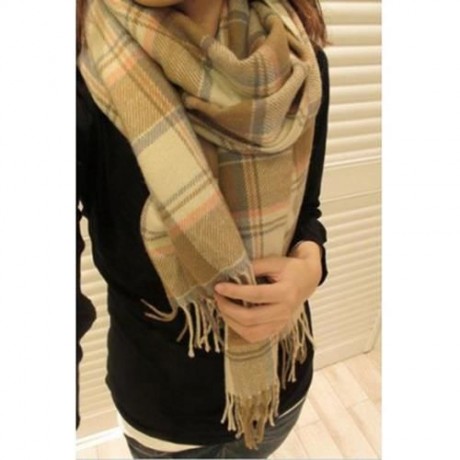 HOT SALE COLOR BLOCK CHECKED TASSELS SCARF FOR WOMEN (KHAKI)