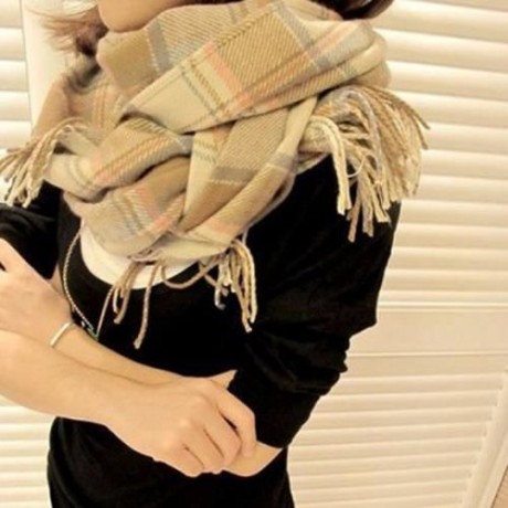 HOT SALE COLOR BLOCK CHECKED TASSELS SCARF FOR WOMEN (KHAKI)