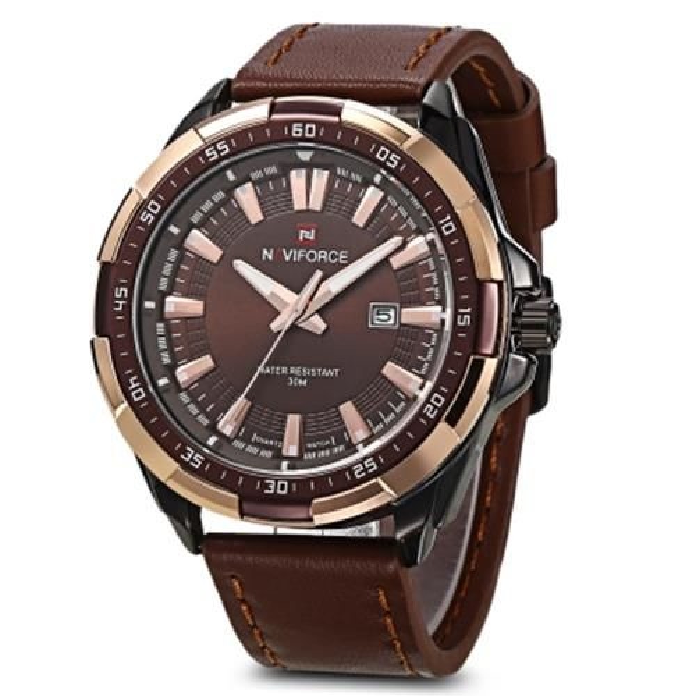 NAVIFORCE 9056 MALE QUARTZ WATCH LEATHER STRAP 3ATM WATER RESISTANT LUMINOUS (BROWN BLACK)