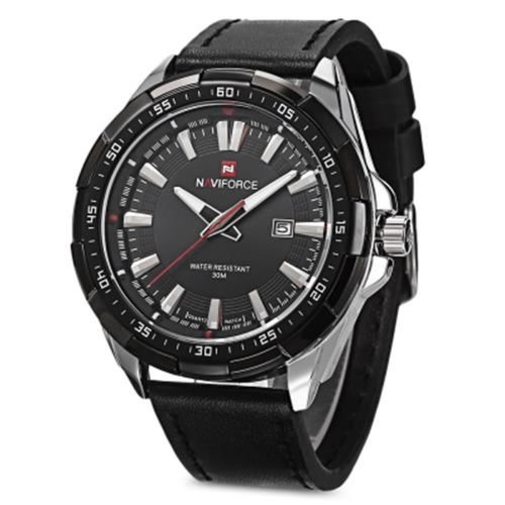 NAVIFORCE 9056 MALE QUARTZ WATCH LEATHER STRAP 3ATM WATER RESISTANT LUMINOUS (BLACK SILVER