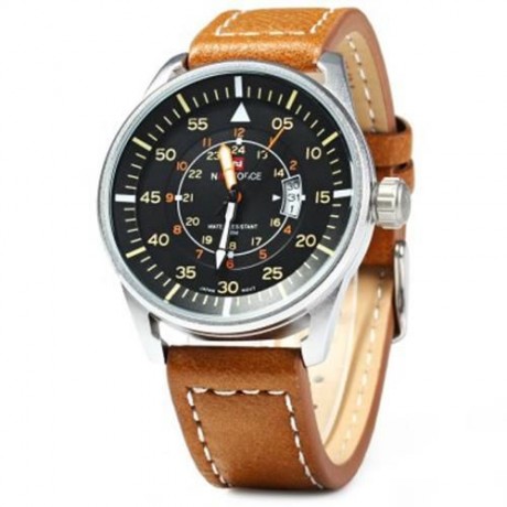 NAVIFORCE NF9044 MEN QUARTZ WATCH ANALOG WRISTWATCH DATE WATCHES PU STRAP (BROWN)