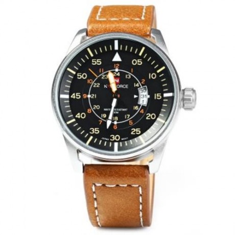 NAVIFORCE NF9044 MEN QUARTZ WATCH ANALOG WRISTWATCH DATE WATCHES PU STRAP (BROWN)