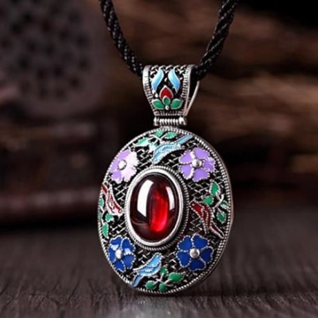 N017-B ANTIQUE GEOMETRIC PATTERN NATIONAL STYLE WOMEN NECKLACE (RED)